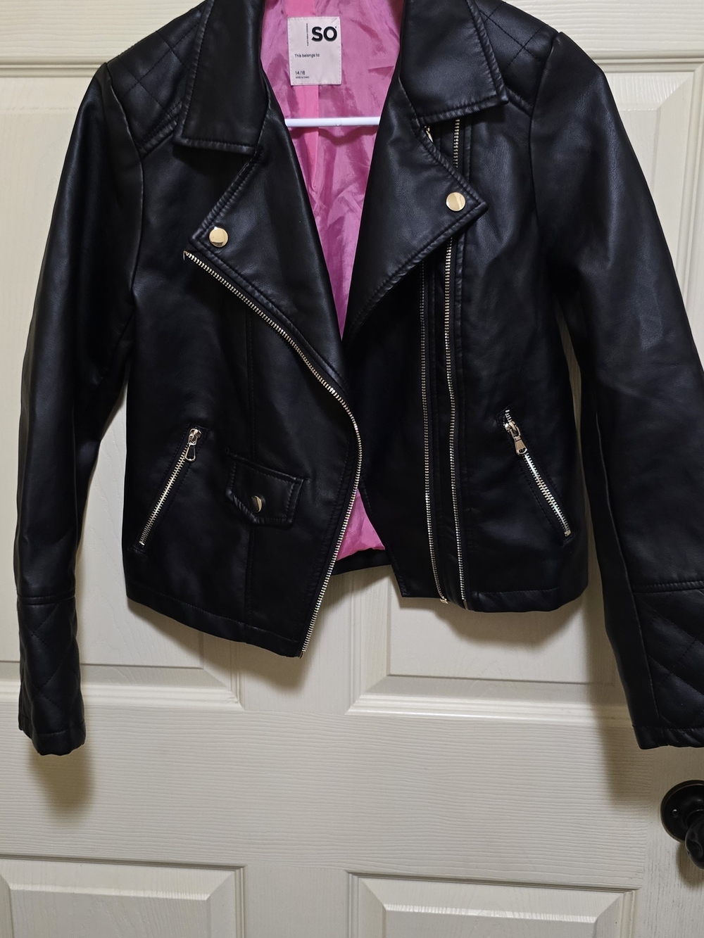 SO Black Faux Leather Moto Jacket with Pink Lining 14/16
